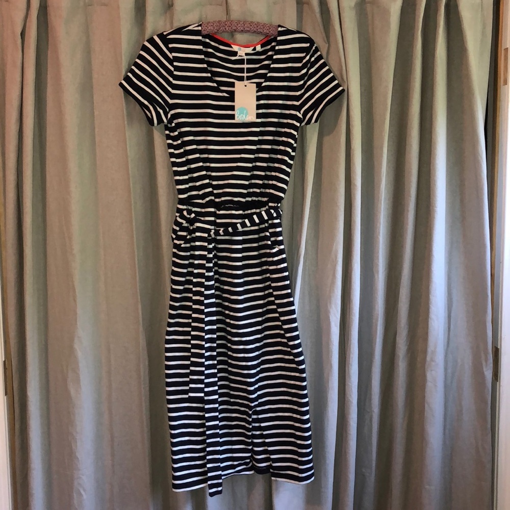 Boden Navy and White Stripe Tie Waist Midi Dress